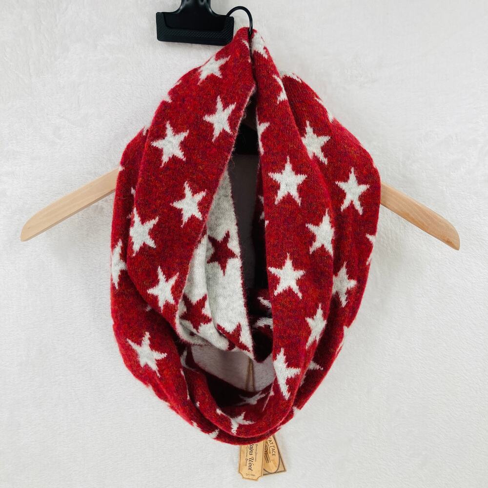 Fat Face Circle Scarf Red Gray Stars Wool Blend New with Tags